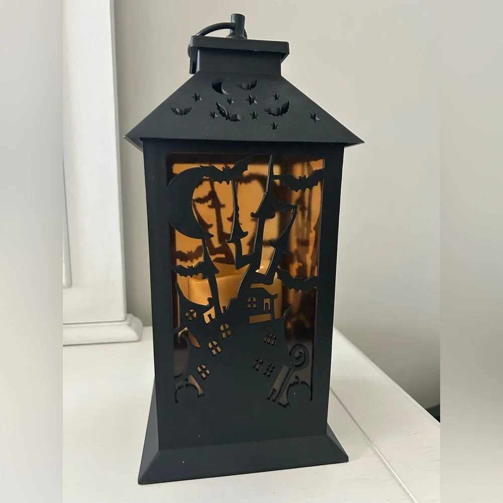 Halloween Black Decorative Lantern with orange color lighted candle